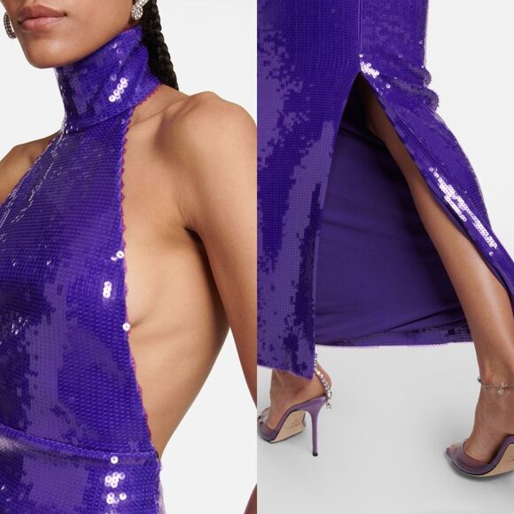 NWT LaQuan Smith Halter Open Back Sequin Bodycon Maxi Gown Grape XL $2550 - Picture 5 of 12